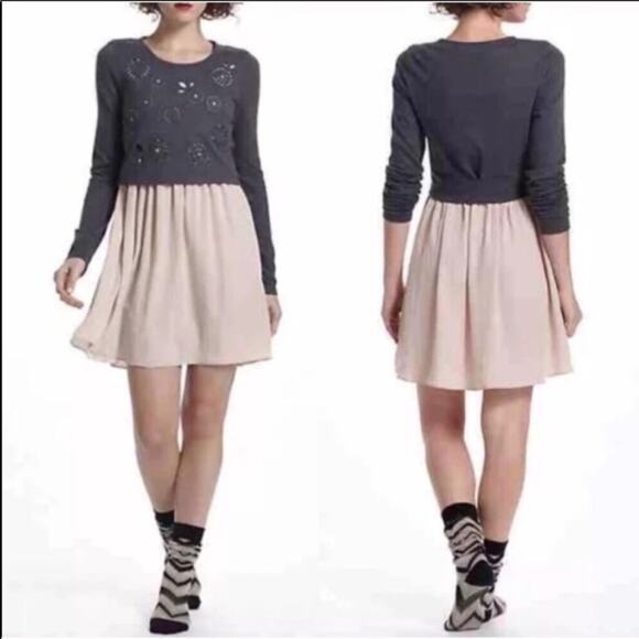 ANTHROPOLOGIE Eloise Grey Blush Pink Twofer Skirt Eyelet Sweater Chemise Dress S